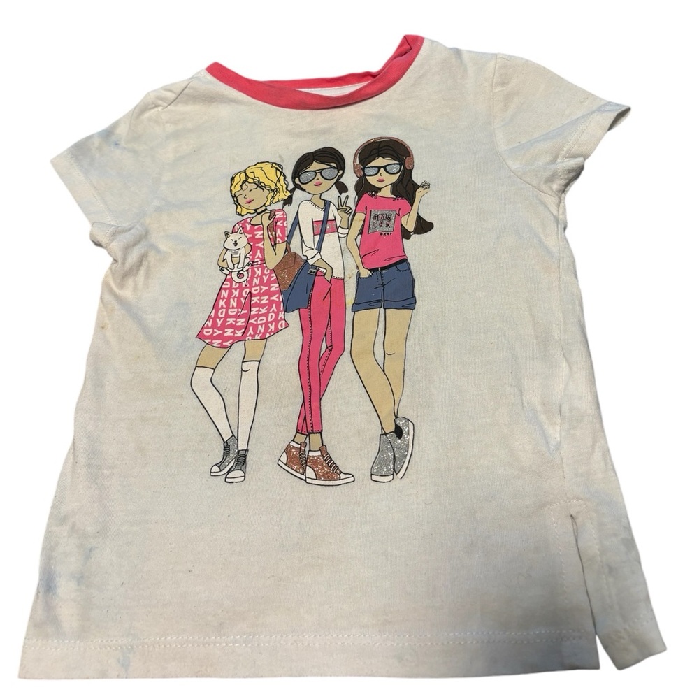 DKNY Girls 3T Toddler printed short sleeve tee. Slit on side. Pink/White